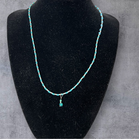 Turquoise & silver beaded 16.” Long necklace - Picture 1 of 4